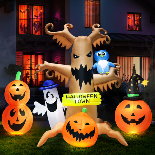 8FT Halloween Inflatables Outdoor Decorations Dead Tree with Pumpkin, White Ghost and Owl Indoor and Outdoor Yard Party Decorations with LED Lights