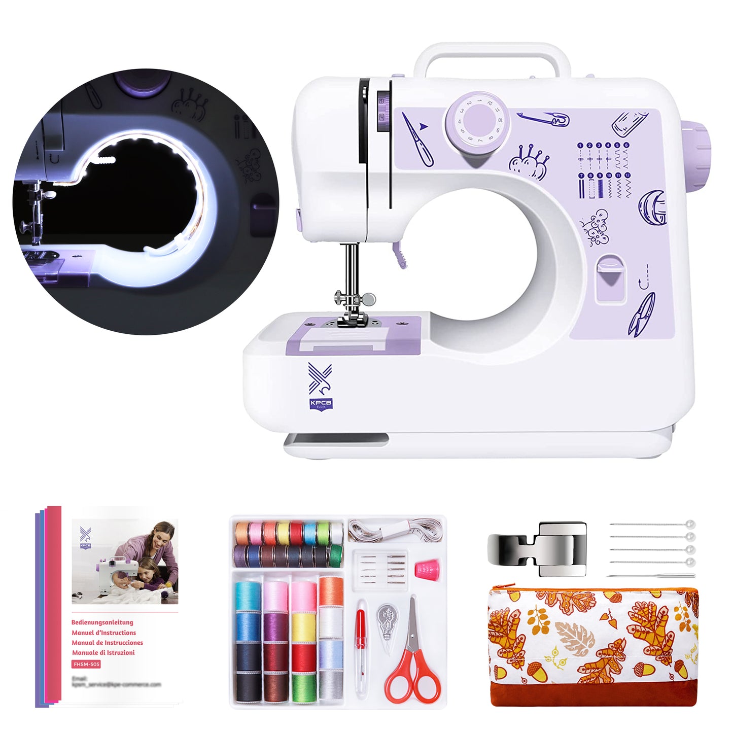 KPCB Tech Sewing Machine 12 Stitches with Sewing Kits & LED Light Strips