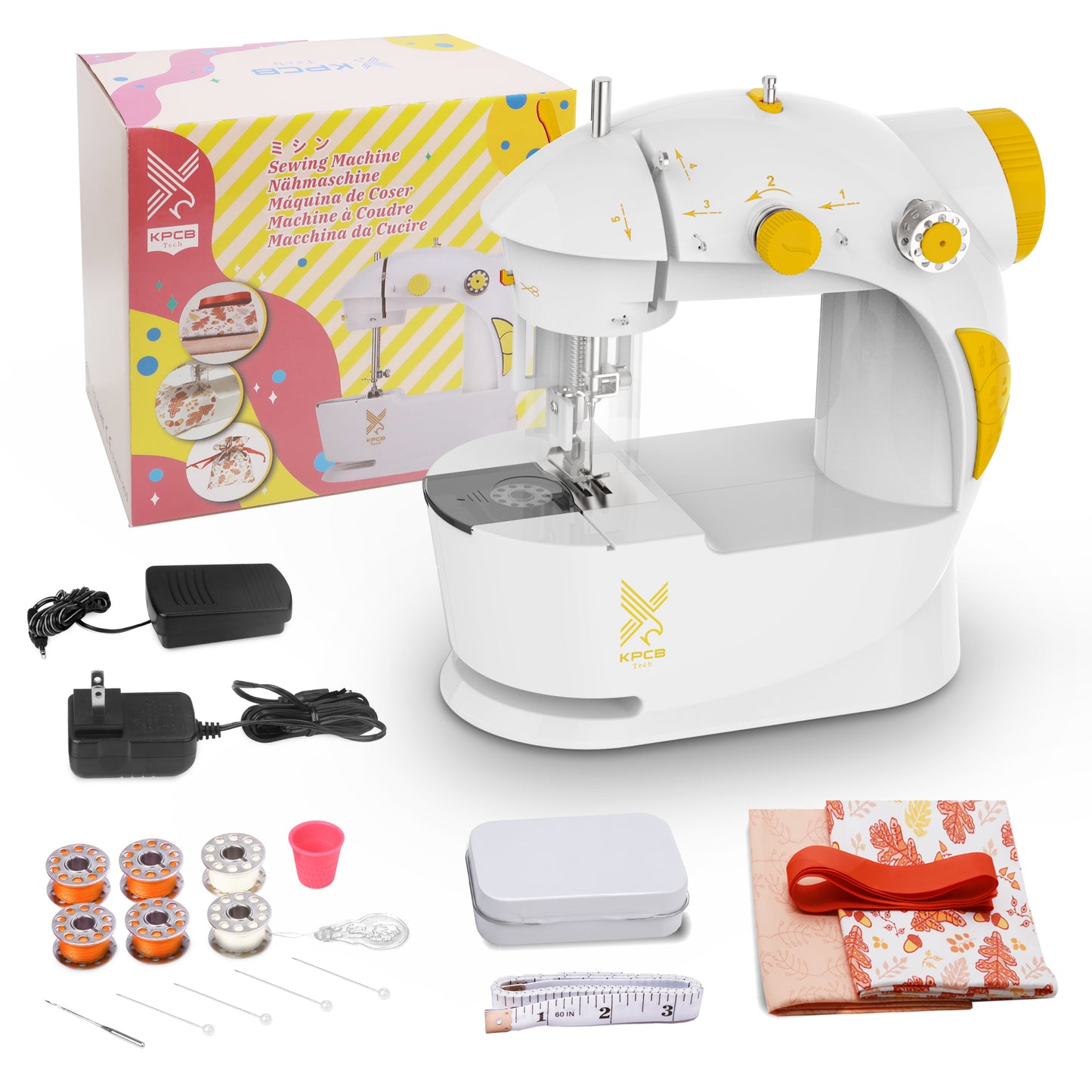 KPCB Tech Mini Sewing Machine for Kids or Beginners with Fabrics Materials (Yellow)