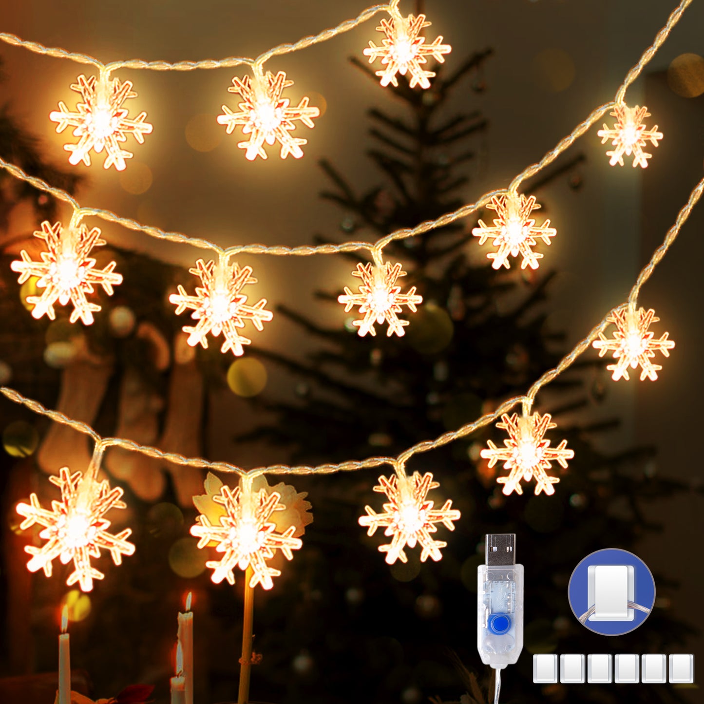 KPCB Tech Christmas Lights 50 LEDs Fairy Lights USB Snowflake Warm White Light