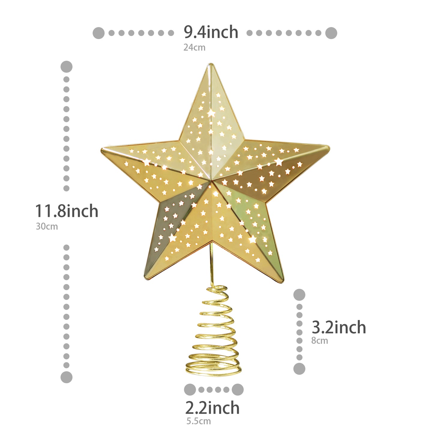 Christmas Tree Toppers 25 LEDs Lighted Christmas Decorations 9.4 inches, Gold