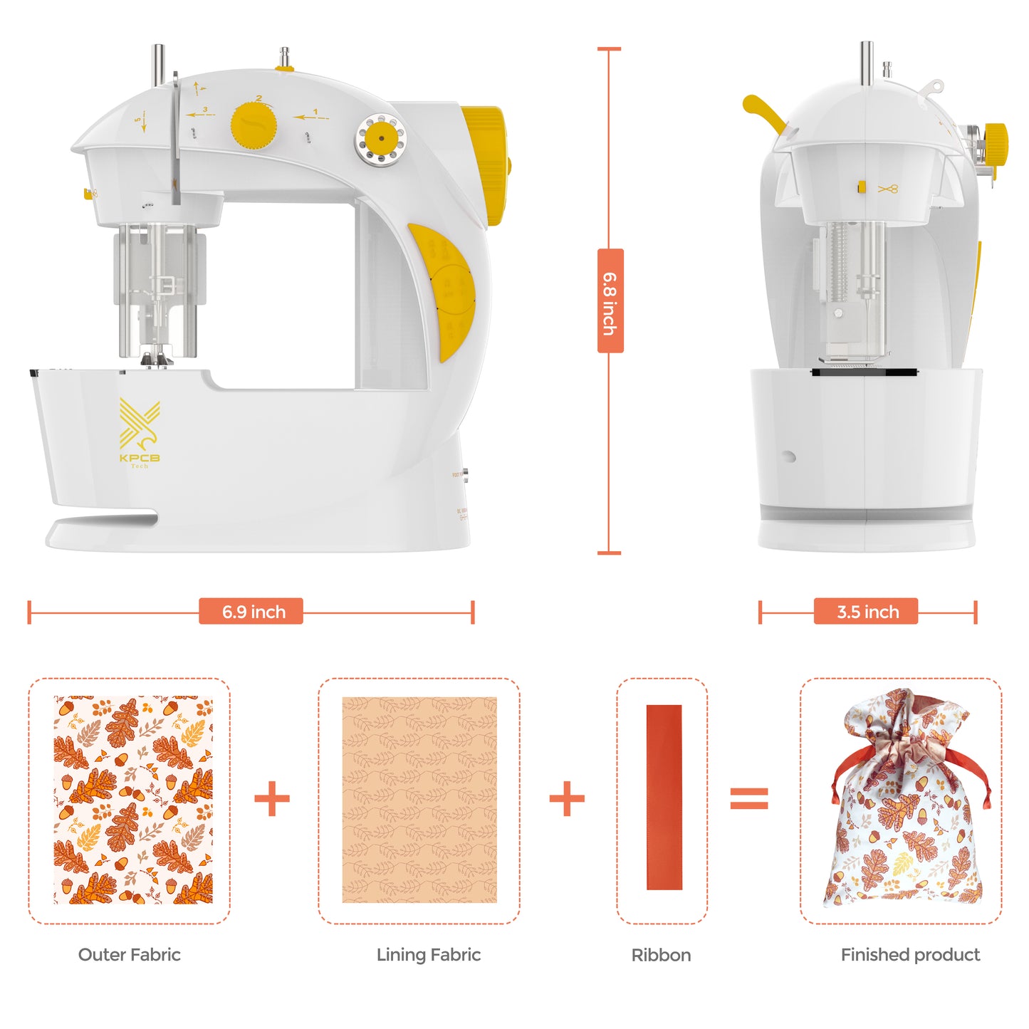 KPCB Tech Mini Sewing Machine for Kids or Beginners with Fabrics Materials (Yellow)