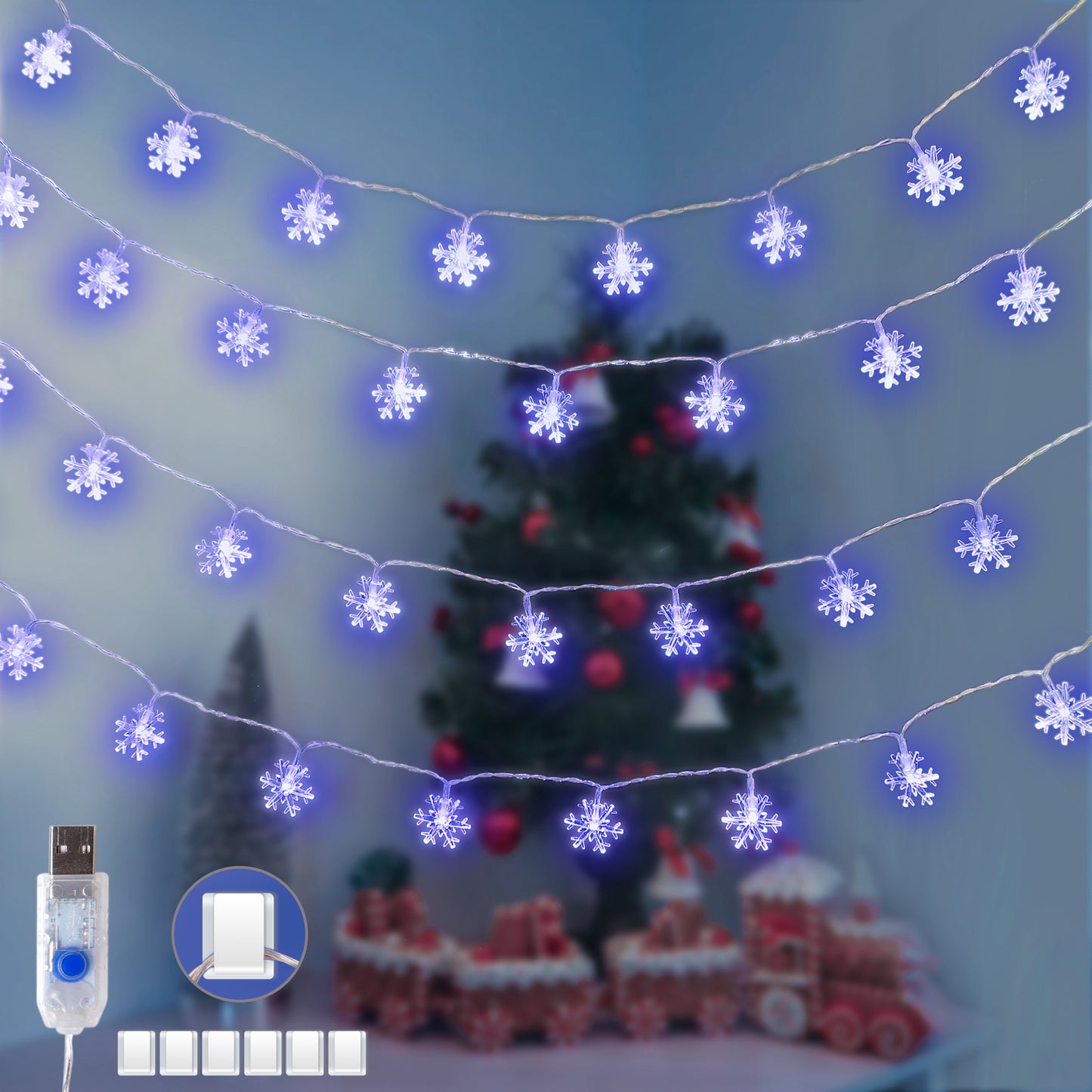 KPCB Christmas Lights 50 LEDs Fairy Lights USB Snowflake Blue Light