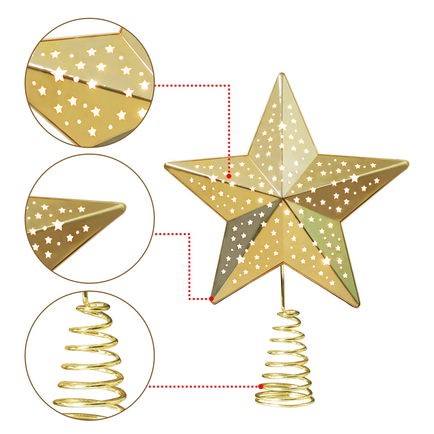 Christmas Tree Toppers 25 LEDs Lighted Christmas Decorations 9.4 inches, Gold