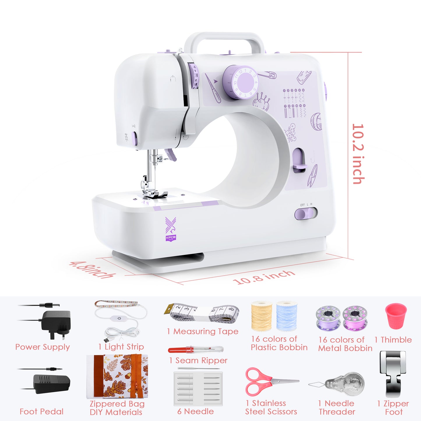 KPCB Tech Sewing Machine 12 Stitches with Sewing Kits & LED Light Strips