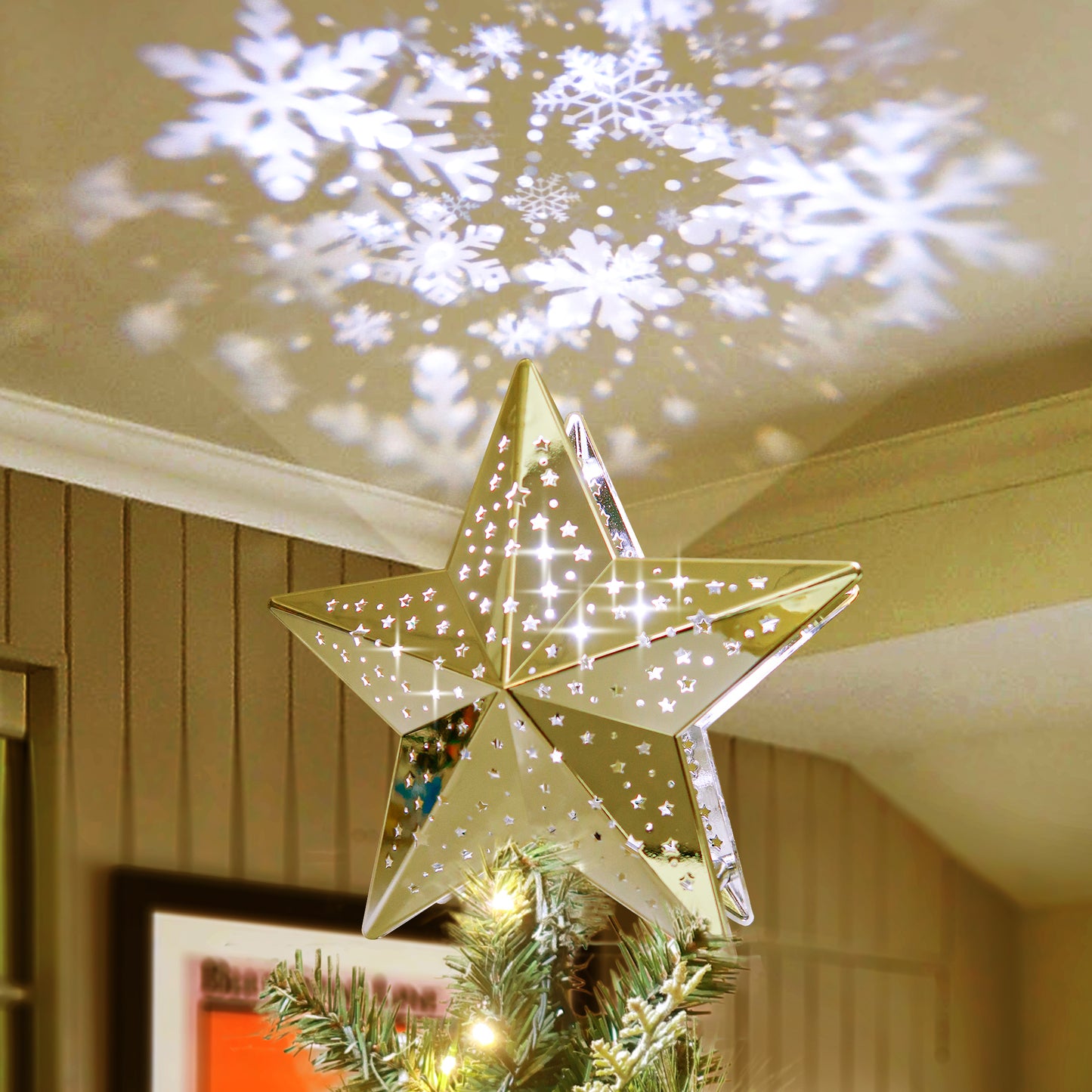 Christmas Tree Topper Snowstorm Projection with Gold Metallic Surface