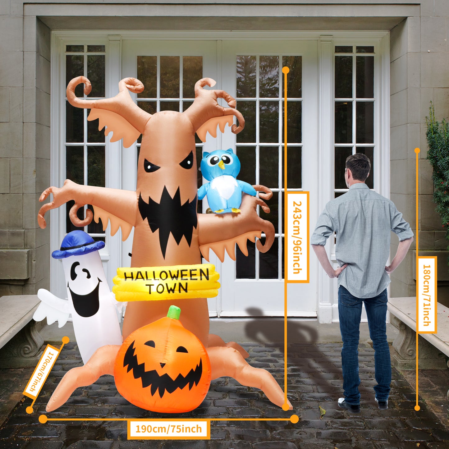 8FT Halloween Inflatables Outdoor Decorations Dead Tree with Pumpkin, White Ghost and Owl Indoor and Outdoor Yard Party Decorations with LED Lights