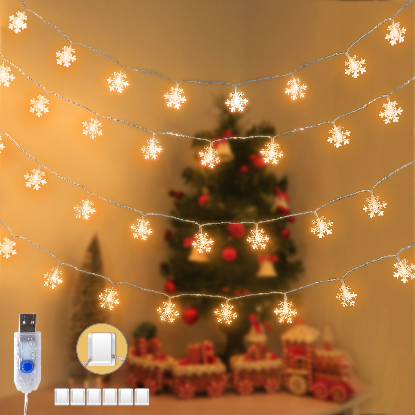 KPCB Tech Christmas Lights 50 LEDs Fairy Lights USB Snowflake Warm White Light