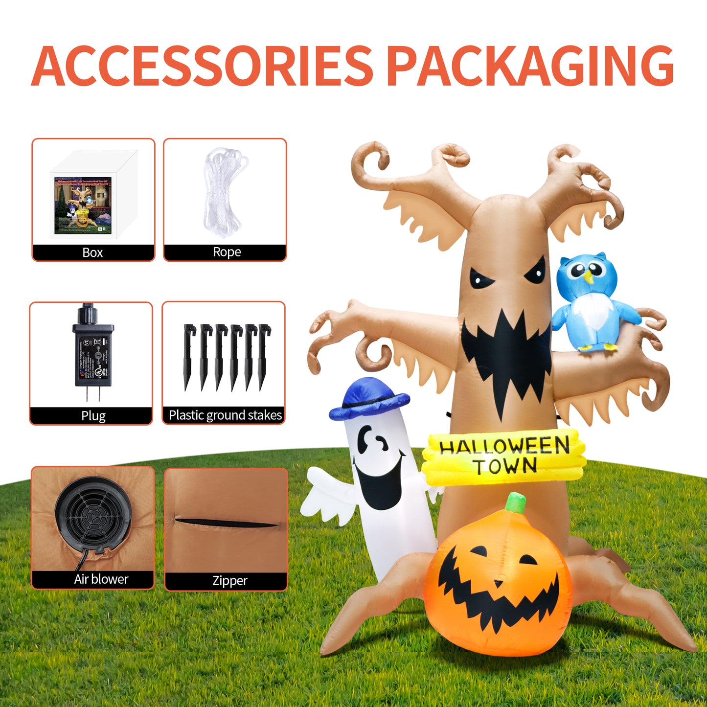 8FT Halloween Inflatables Outdoor Decorations Dead Tree with Pumpkin, White Ghost and Owl Indoor and Outdoor Yard Party Decorations with LED Lights