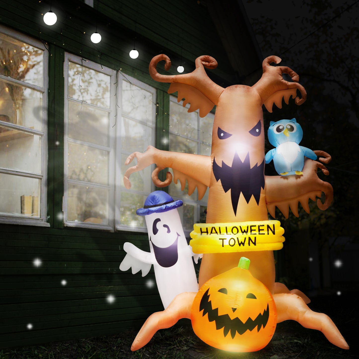 8FT Halloween Inflatables Outdoor Decorations Dead Tree with Pumpkin, White Ghost and Owl Indoor and Outdoor Yard Party Decorations with LED Lights